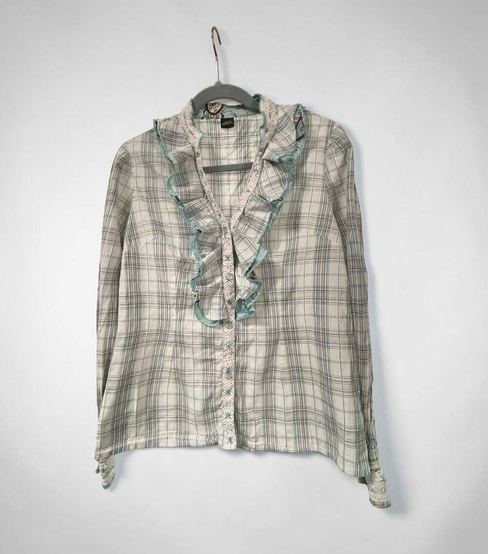 BIIA Vintage Women's Plaid Ruffle Button-Front Shirt with Lace Embroidery